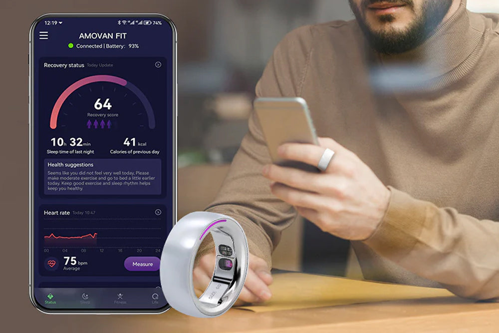 Amovan Halo Smart Ring - Advanced Fitness Tracking Smart Ring, Track Fitness with Health monitor ring, Heart Rate, Skin Temperature Monitor, Step and Calorie Counter, SOS emergency assistance.