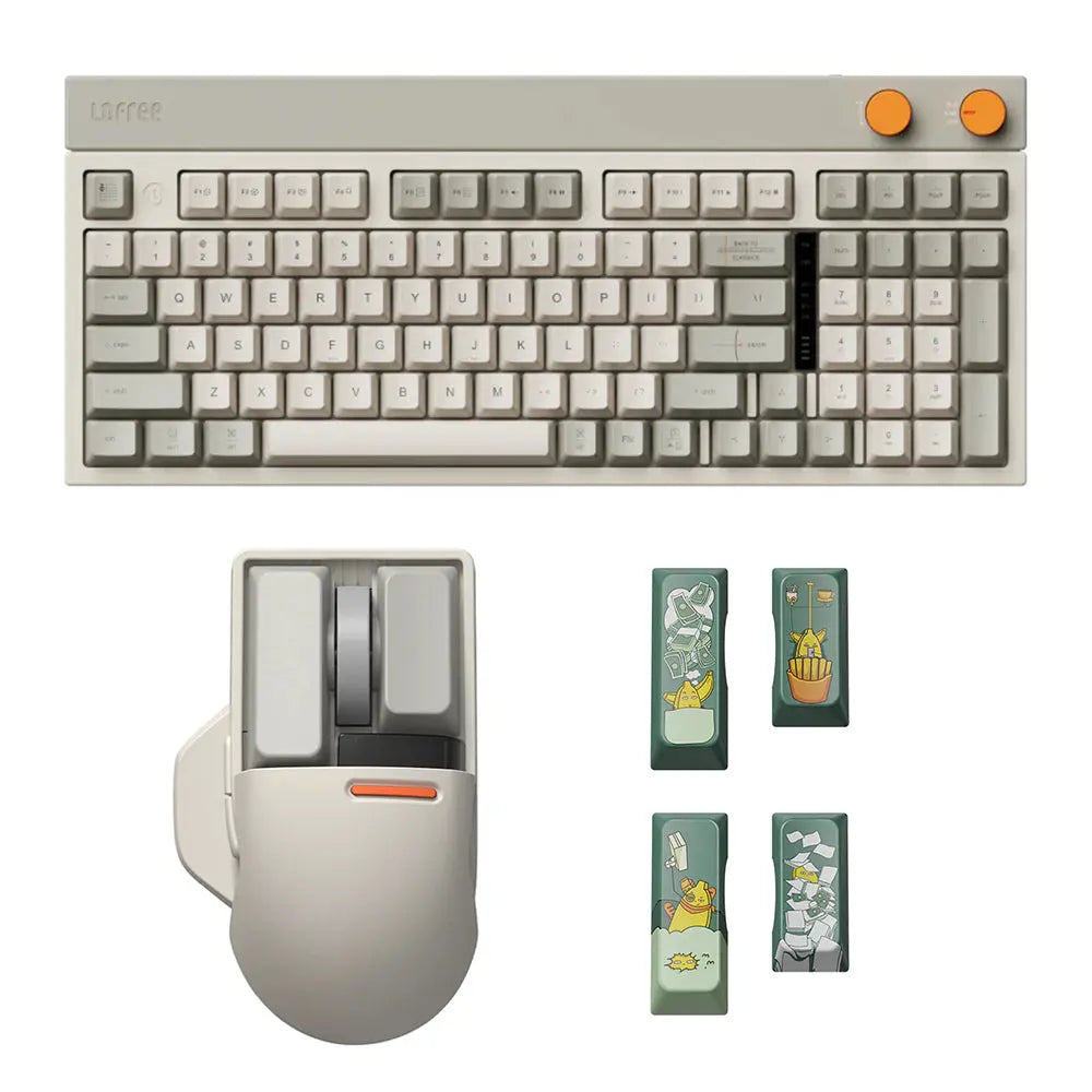 LOFREE BLOCK retro wireless mechanical keyboard and Lofree Touch PBT detachable mouse. The keyboard uses a full POM switch which is able to be self-lubricating when in use. Hot-swappable switches for easily replacement. The Block keyboard is designed with two round knobs which are volume knob and mode knob, increases the overall vibrancy of the keyboard.