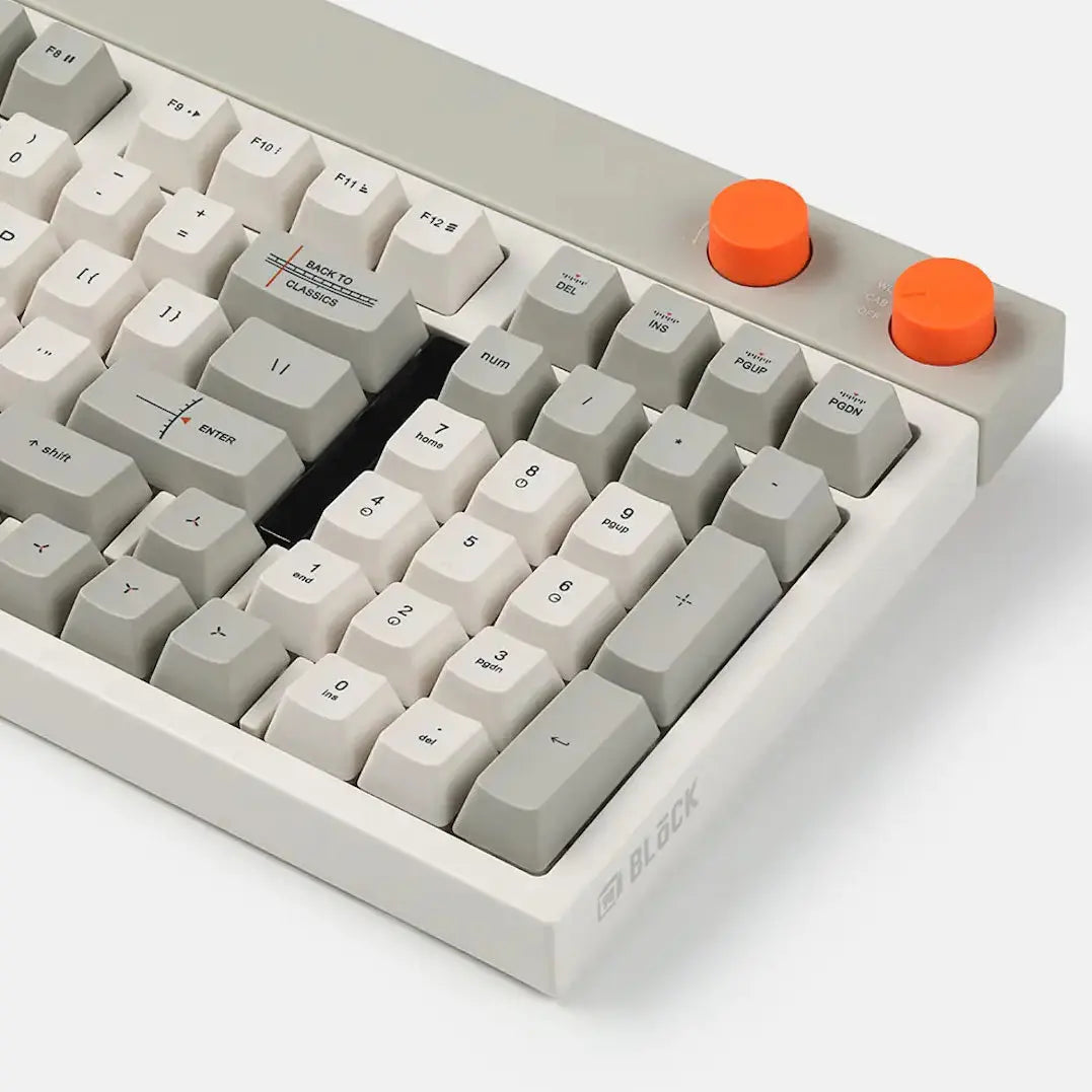 LOFREE BLOCK retro wireless mechanical keyboard uses a full POM switch which is able to be self-lubricating when in use. Hot-swappable switches for easily replacement. The Block keyboard is designed with two round knobs which are volume knob and mode knob, increases the overall vibrancy of the keyboard.