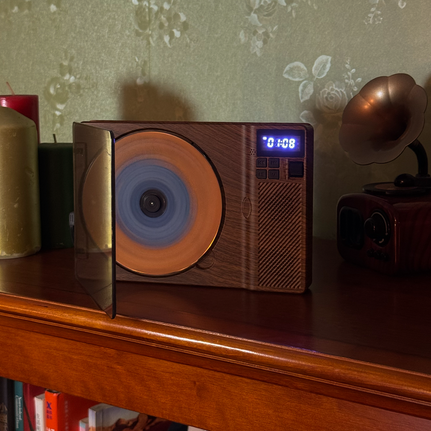 SchwayShop Vintage Wood Grain CD Player with Built-in Speakers