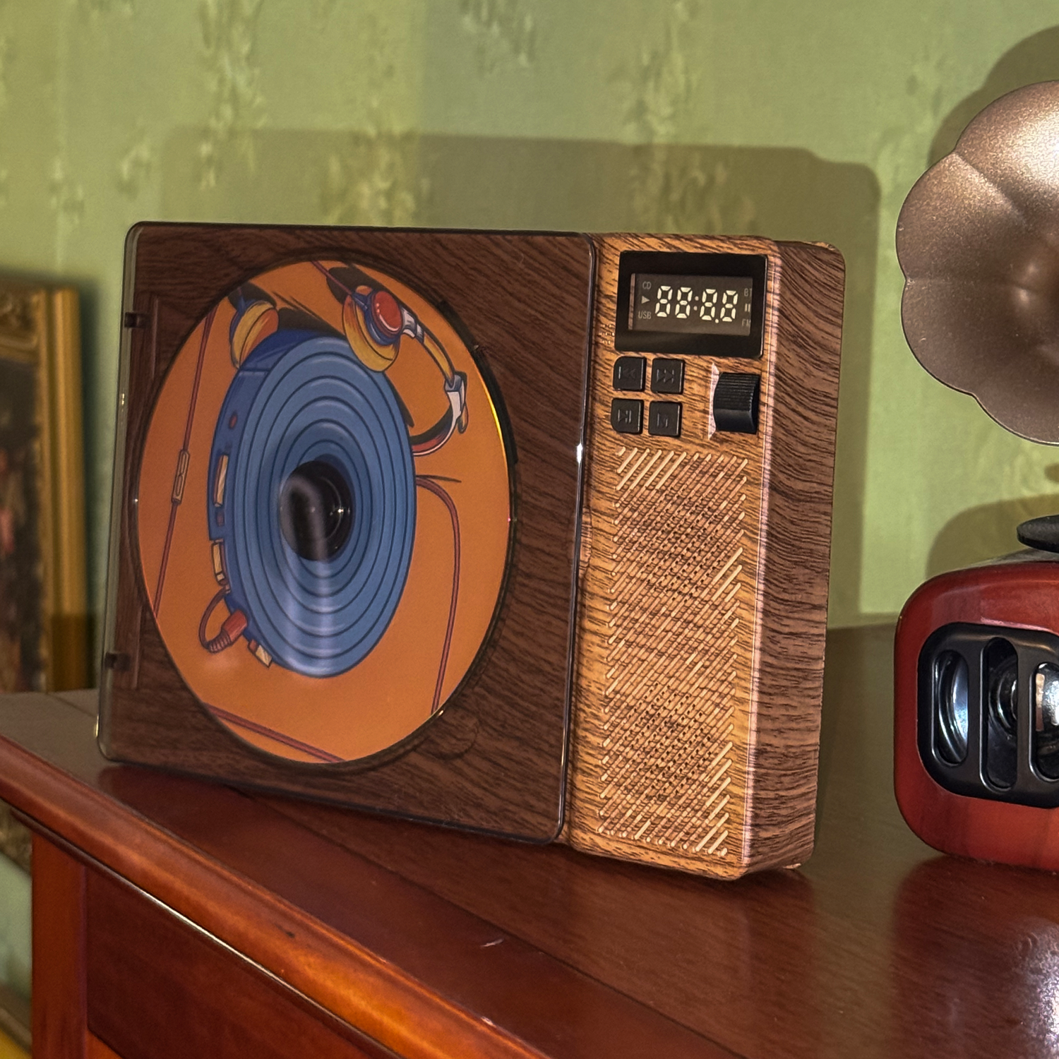 SchwayShop Vintage Wood Grain CD Player with Built-in Speakers