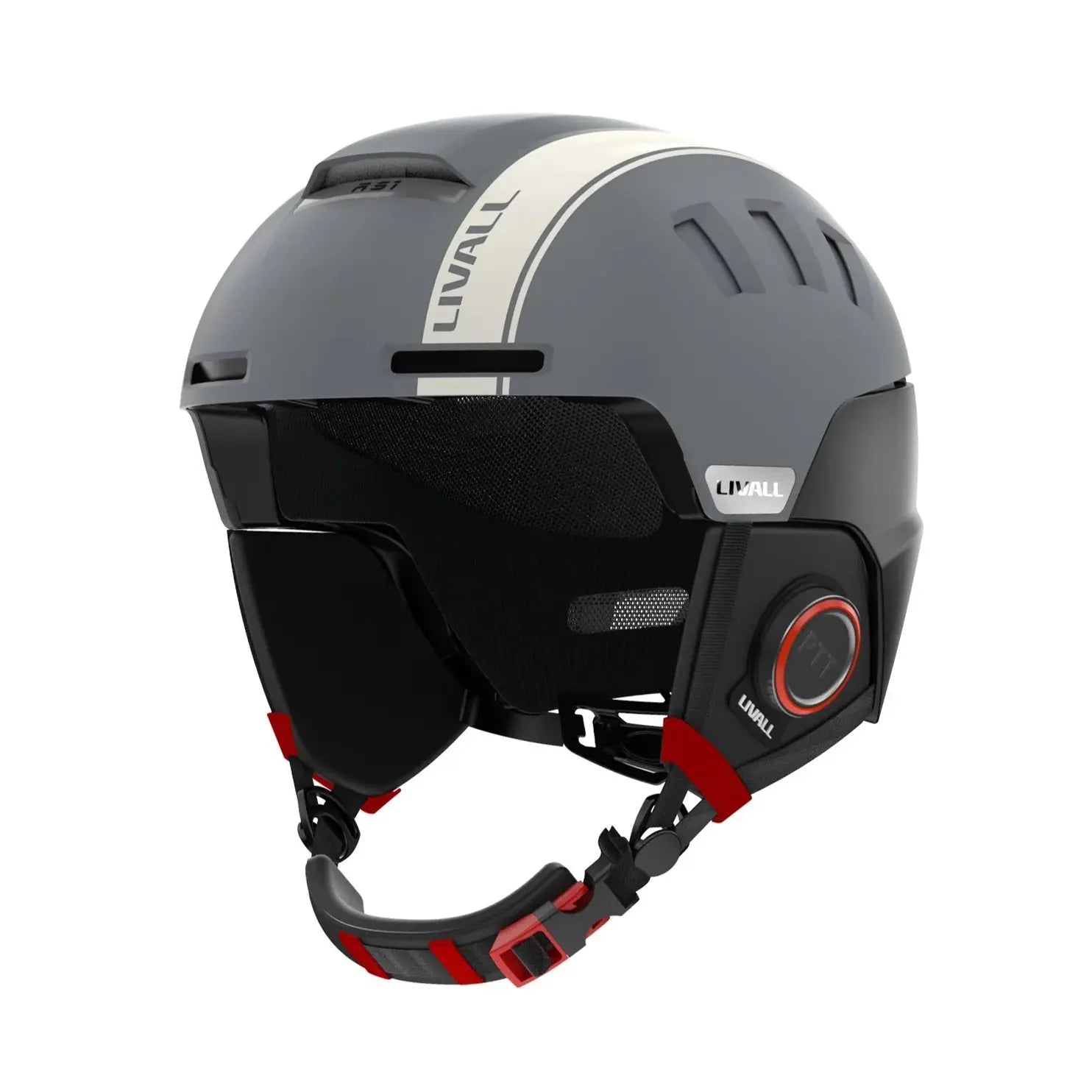 LIVALL RS1 smart ski helmet with integrated Bluetooth speakers, PTT walkie-talkie, built-in denoising microphone, live location sharing, fall detection, and impact protection for a safer and more connected skiing experience.