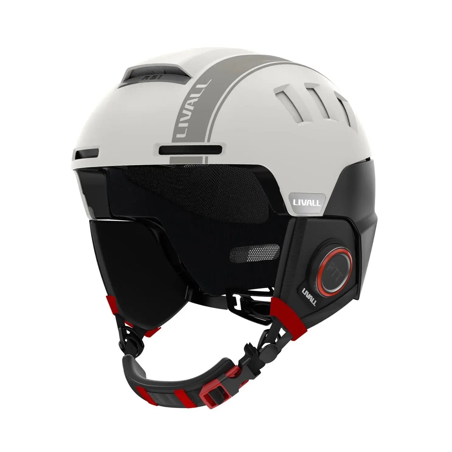 LIVALL RS1 smart ski helmet with integrated Bluetooth speakers, PTT walkie-talkie, built-in denoising microphone, live location sharing, fall detection, and impact protection for a safer and more connected skiing experience.