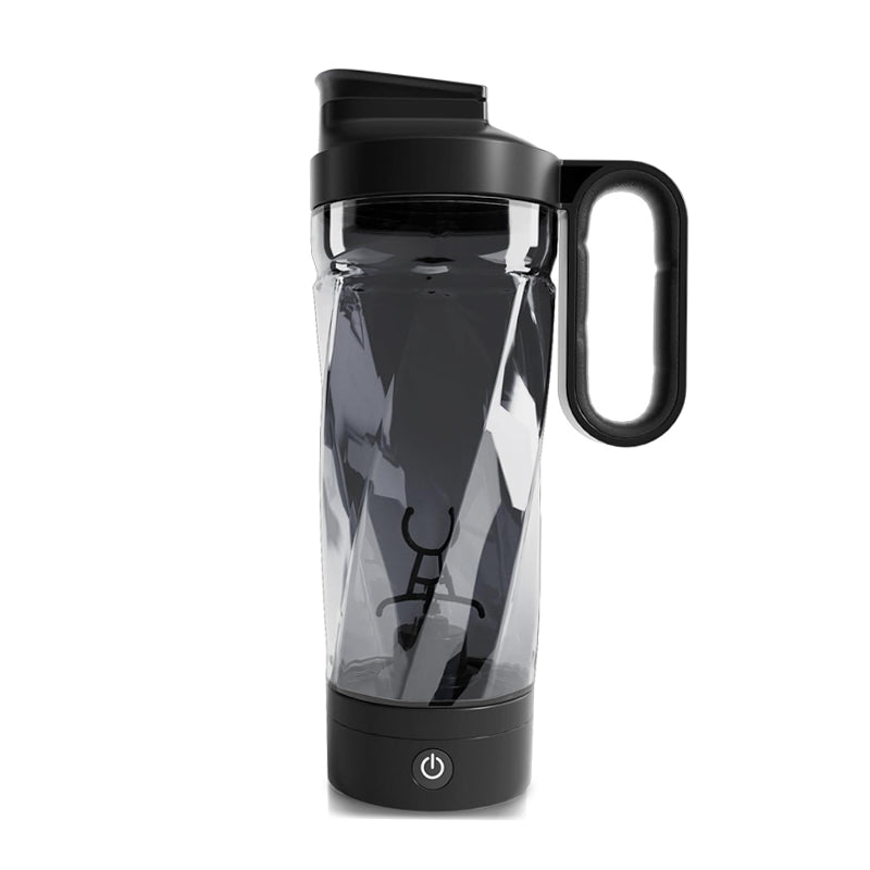 EQURA 1000ML Automatic Mixing Cup Plus: A portable, battery-operated cup for protein shakes. Features a sleek, transparent body with measurement markings, integrated mixing mechanism, and secure, leak-proof lid.