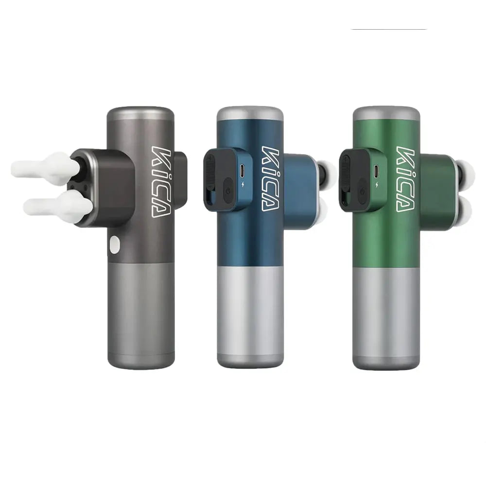 KICA 3 dual-head massage gun, handheld device with adjustable intensity levels, multiple massage heads, 3 innovative massage modes, and long-lasting battery for targeted muscle relief and relaxation. A powerful massage device with shock absorption and noise reduction.