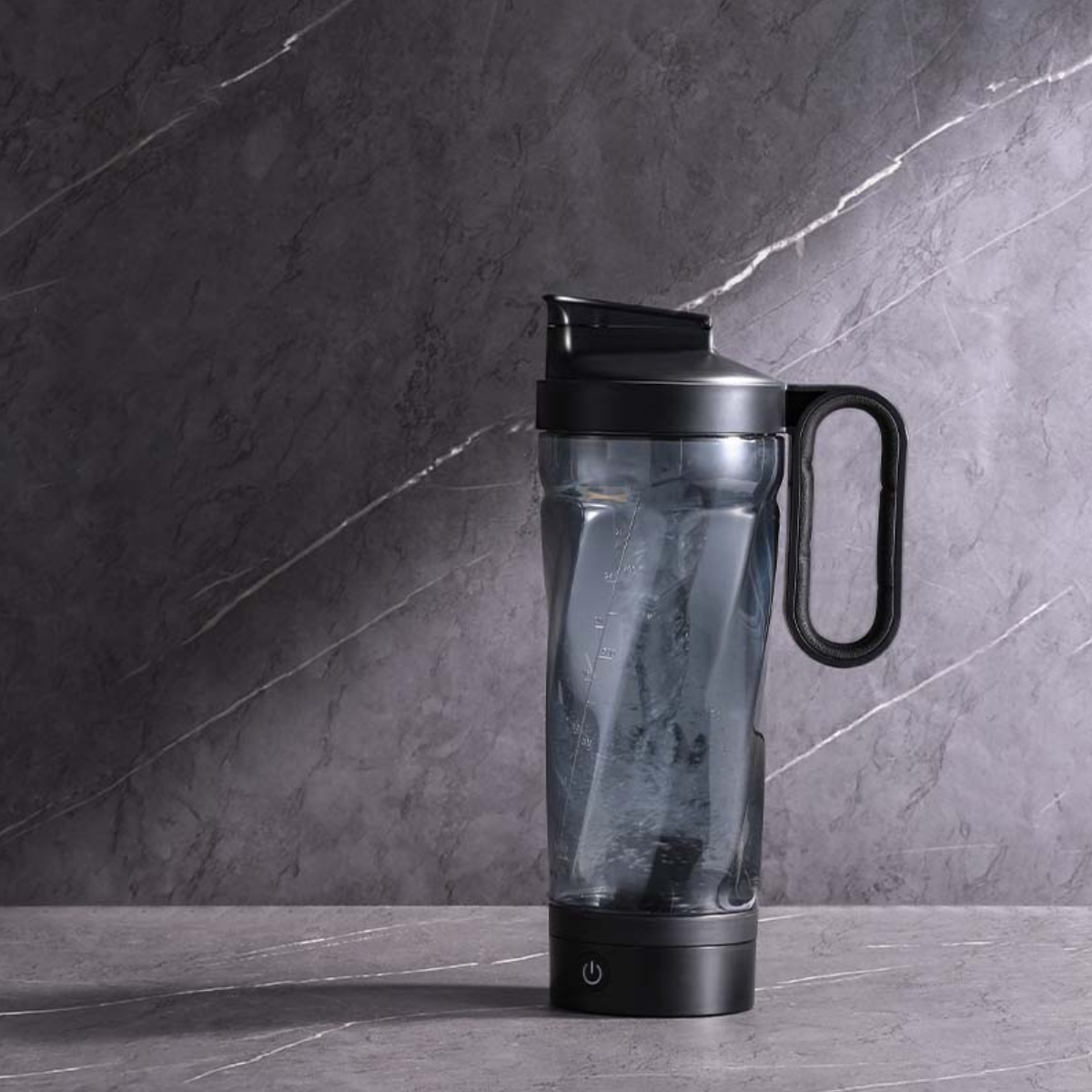 EQURA 1000ML Automatic Mixing Cup Plus: A portable, battery-operated cup for protein shakes. Features a sleek, transparent body with measurement markings, integrated mixing mechanism, and secure, leak-proof lid.
