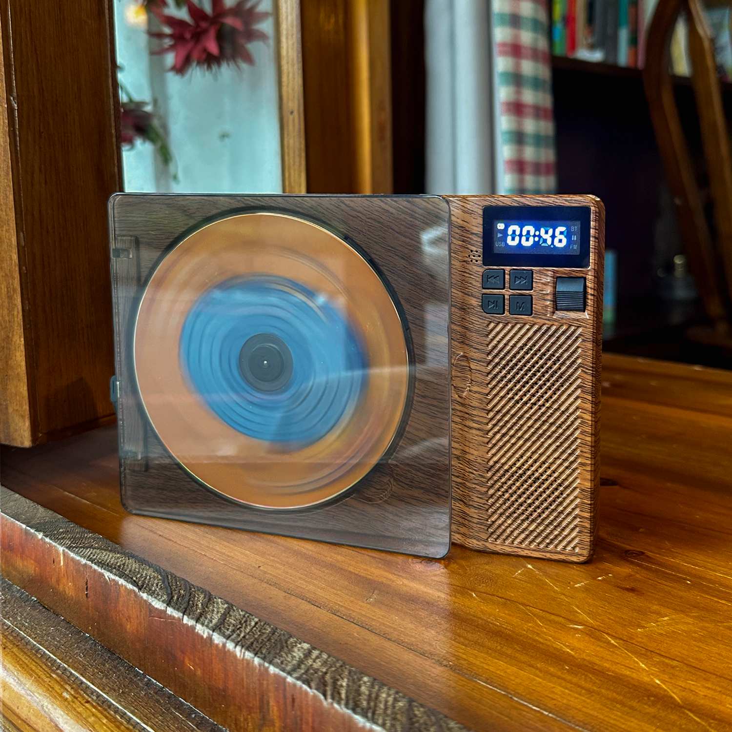 SchwayShop Vintage Wood Grain CD Player with Built-in Speakers