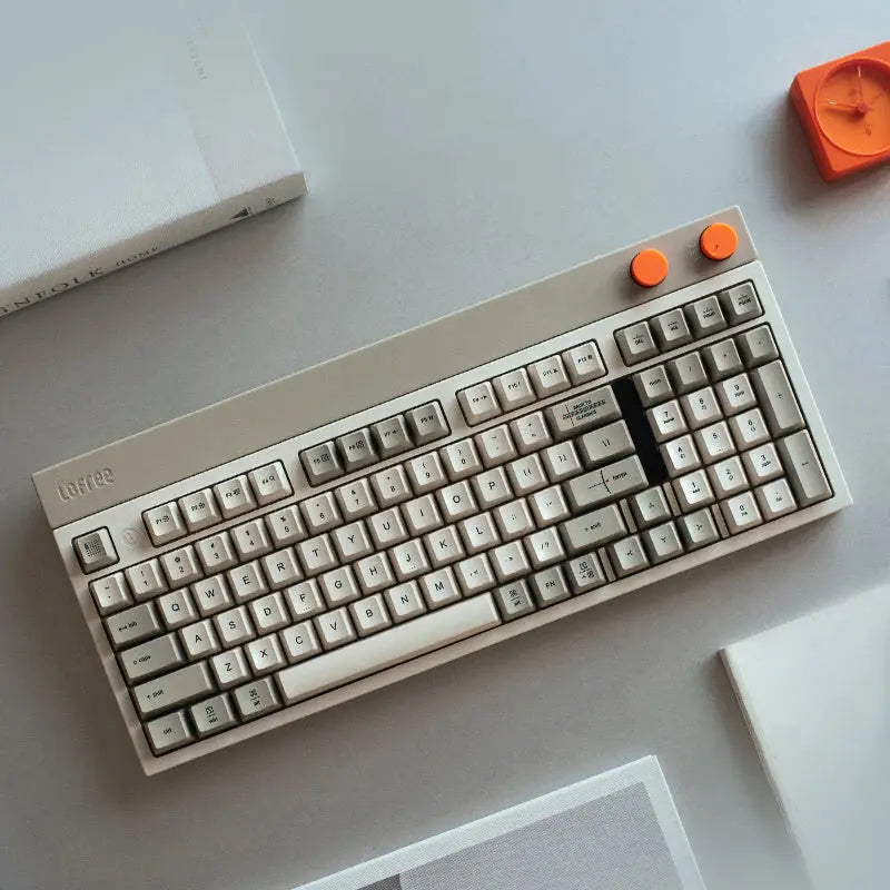 LOFREE BLOCK retro wireless mechanical keyboard uses a full POM switch which is able to be self-lubricating when in use. Hot-swappable switches for easily replacement. The Block keyboard is designed with two round knobs which are volume knob and mode knob, increases the overall vibrancy of the keyboard.