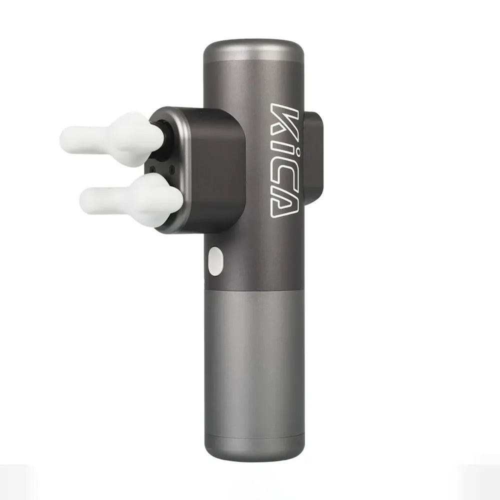 KICA 3 dual-head massage gun, handheld device with adjustable intensity levels, multiple massage heads, 3 innovative massage modes, and long-lasting battery for targeted muscle relief and relaxation. A powerful massage device with shock absorption and noise reduction.