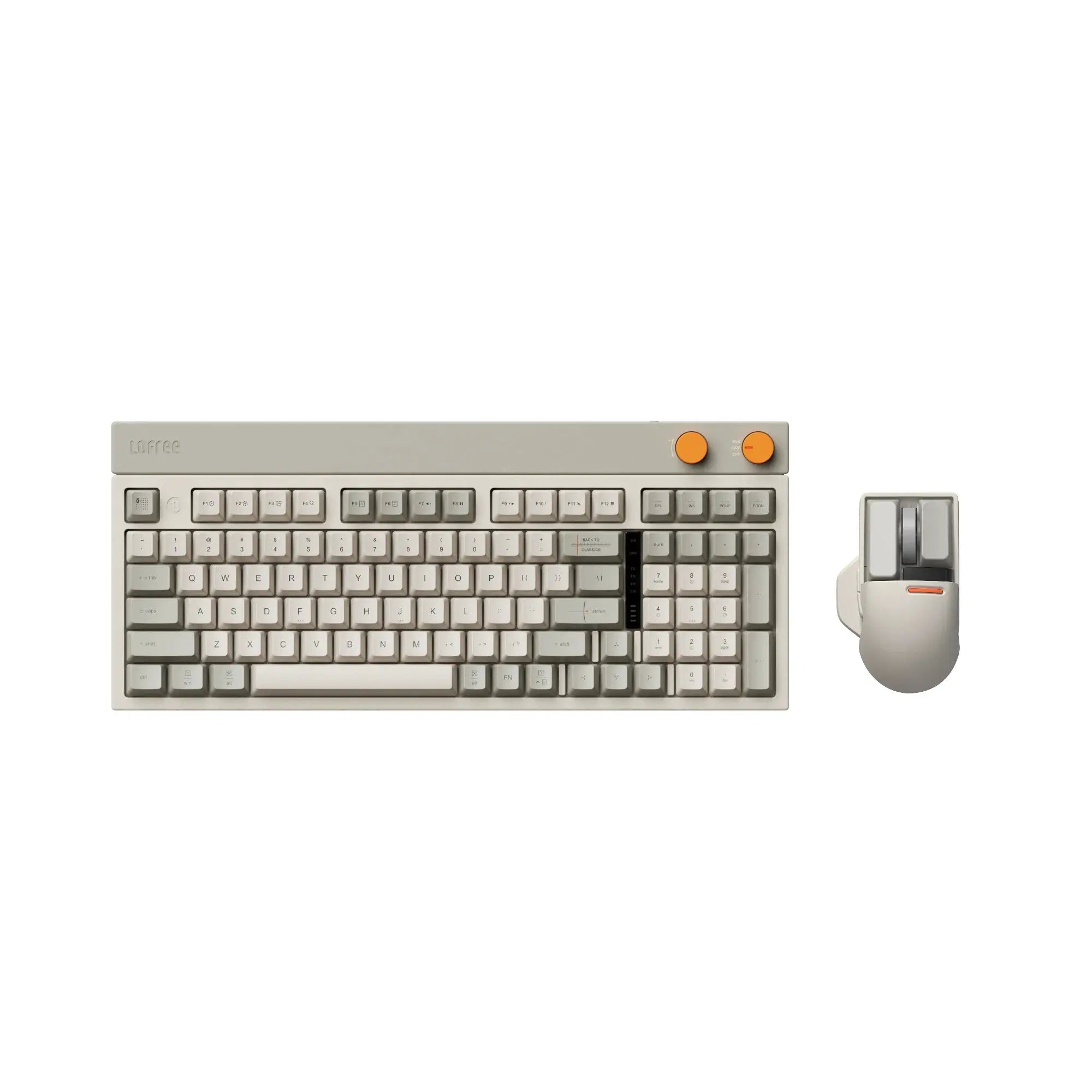 LOFREE BLOCK retro wireless mechanical keyboard and Lofree Touch PBT detachable mouse. The keyboard uses a full POM switch which is able to be self-lubricating when in use. Hot-swappable switches for easily replacement. The Block keyboard is designed with two round knobs which are volume knob and mode knob, increases the overall vibrancy of the keyboard.