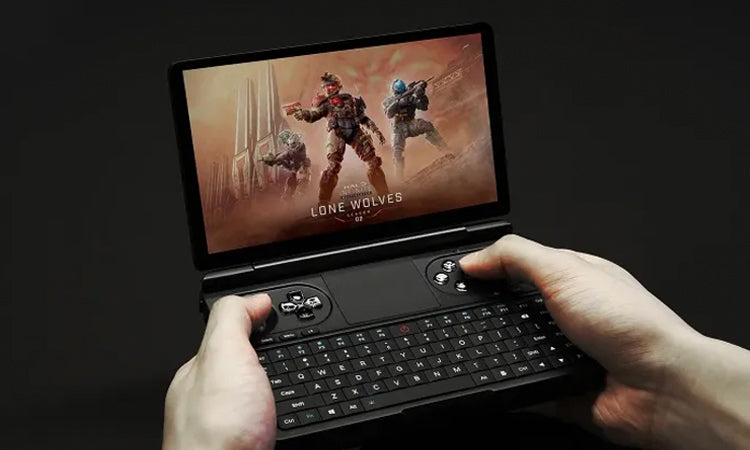GPD WIN Mini: A compact Handheld Gaming Console with a high-resolution screen displaying finely detailed pixel art characters, surrounded by responsive gaming buttons for an immersive gaming experience.