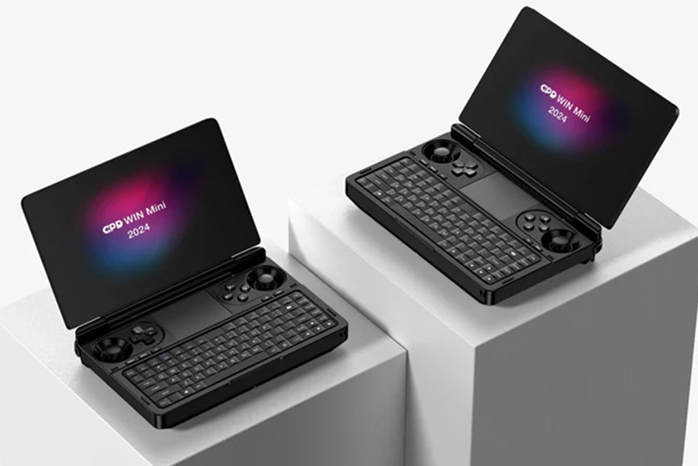 GPD WIN Mini: A compact Handheld Gaming Console with a high-resolution screen displaying finely detailed pixel art characters, surrounded by responsive gaming buttons for an immersive gaming experience.