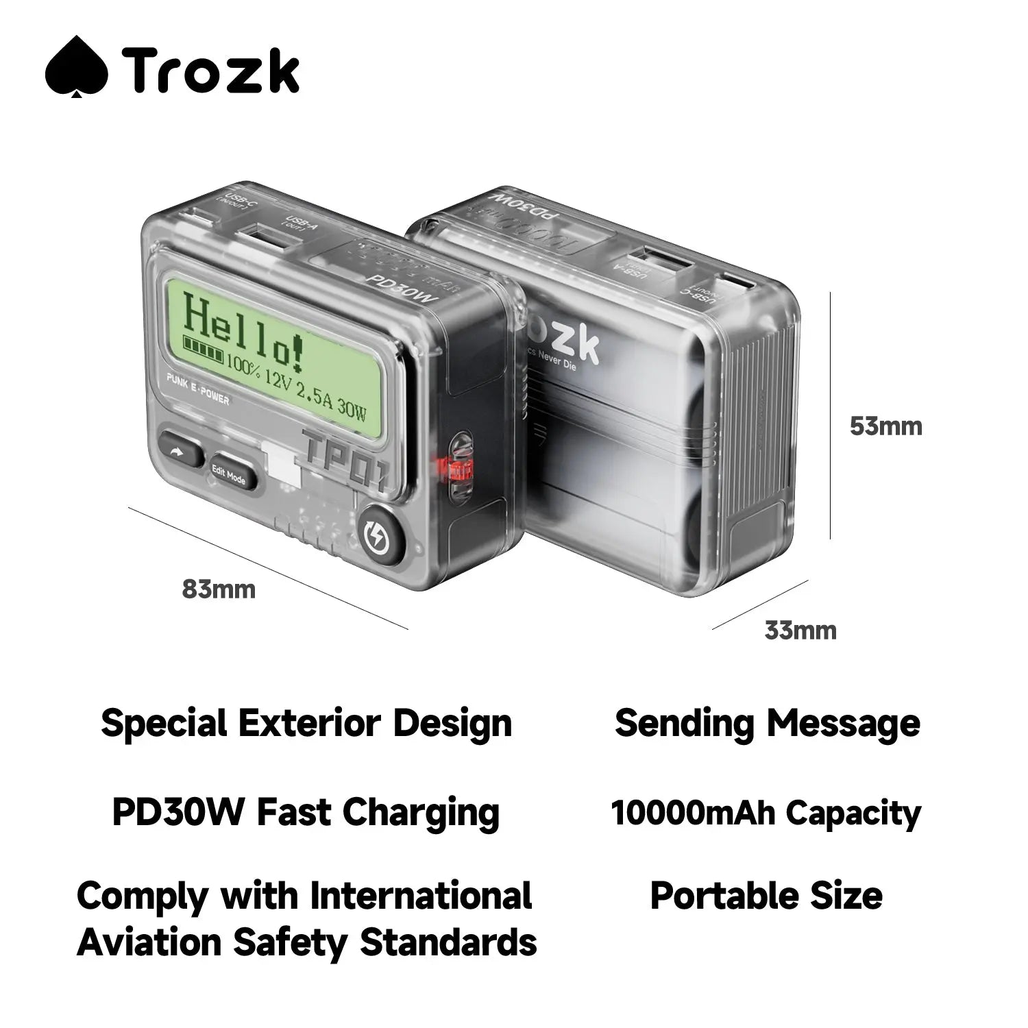 Trozk 10000mAh power bank styled like a vintage beeper, complete with a digital display screen. Offers PD 30W fast charging and unique messaging capabilities to communicate with other Trozk power banks.