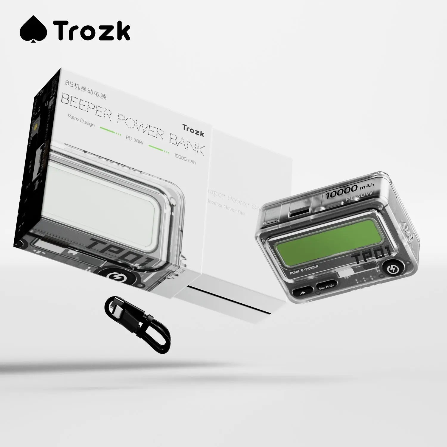 Trozk 10000mAh power bank styled like a vintage beeper, complete with a digital display screen. Offers PD 30W fast charging and unique messaging capabilities to communicate with other Trozk power banks.