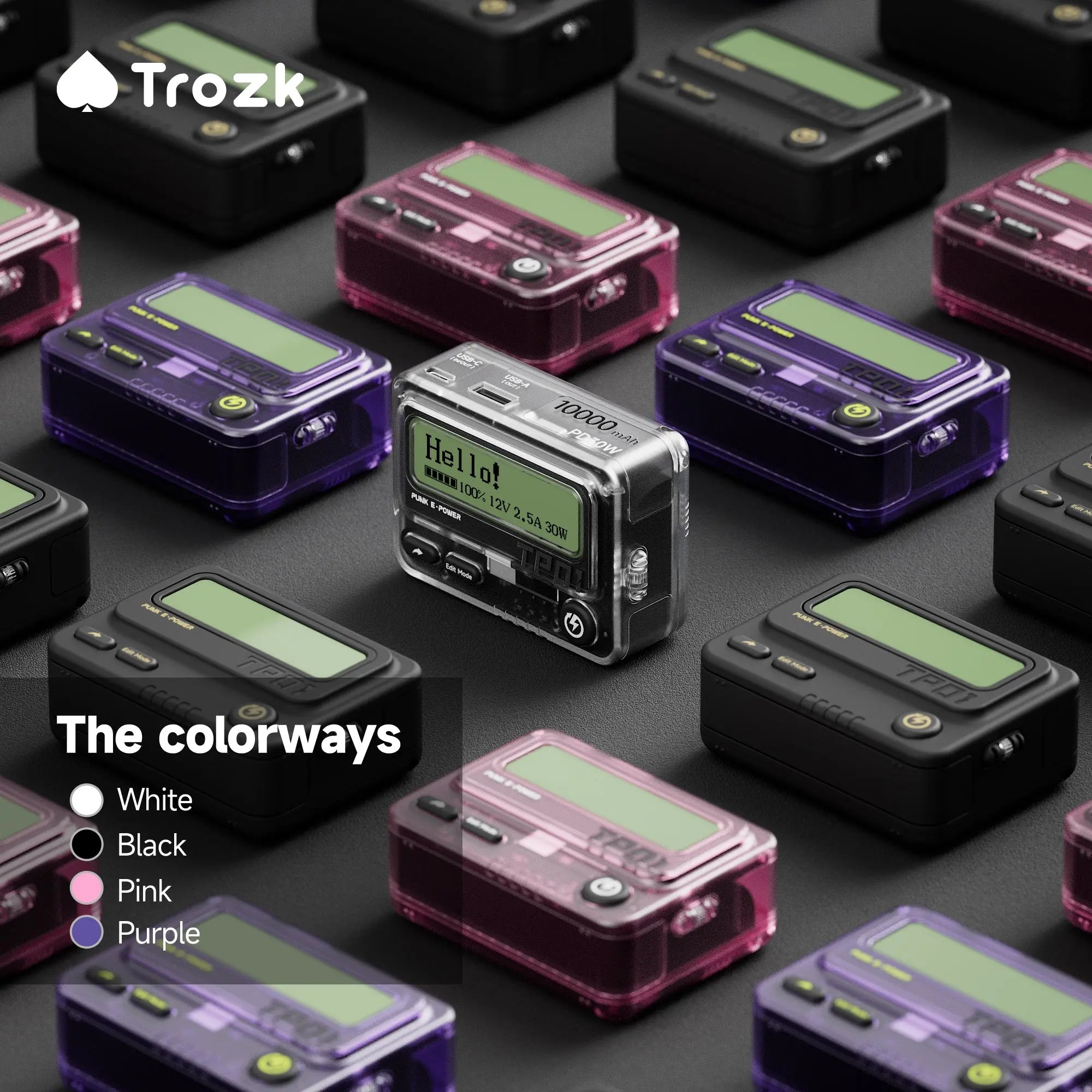 Trozk 10000mAh power bank styled like a vintage beeper, complete with a digital display screen. Offers PD 30W fast charging and unique messaging capabilities to communicate with other Trozk power banks.