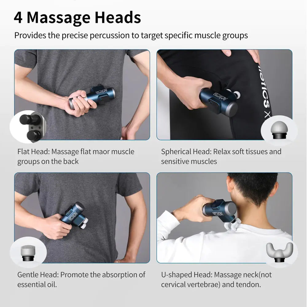 KICA 3 dual-head massage gun, handheld device with adjustable intensity levels, multiple massage heads, 3 innovative massage modes, and long-lasting battery for targeted muscle relief and relaxation. A powerful massage device with shock absorption and noise reduction.