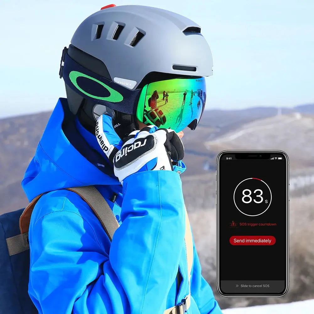 LIVALL RS1 smart ski helmet with integrated Bluetooth speakers, PTT walkie-talkie, built-in denoising microphone, live location sharing, fall detection, and impact protection for a safer and more connected skiing experience.