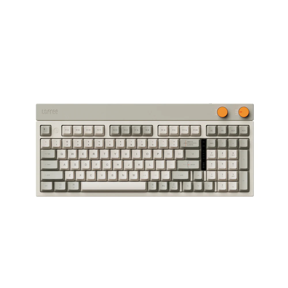 LOFREE BLOCK retro wireless mechanical keyboard uses a full POM switch which is able to be self-lubricating when in use. Hot-swappable switches for easily replacement. The Block keyboard is designed with two round knobs which are volume knob and mode knob, increases the overall vibrancy of the keyboard.