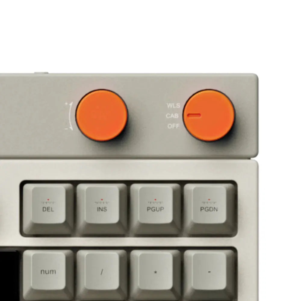 LOFREE BLOCK retro wireless mechanical keyboard uses a full POM switch which is able to be self-lubricating when in use. Hot-swappable switches for easily replacement. The Block keyboard is designed with two round knobs which are volume knob and mode knob, increases the overall vibrancy of the keyboard.